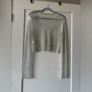 NWT white mesh fishnet long sleeve with rhinestone - size medium